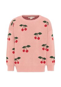 Roze gebreide trui met rode kers- en groene bladpatronen verspreid over de voorkant, mouwen en achterkant.