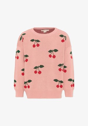Maglione rosa lavorato a maglia con motivi di ciliegie rosse e foglie verdi sparsi sul davanti, sulle maniche e sul retro.