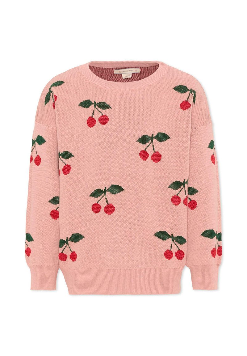Roze gebreide trui met rode kers- en groene bladpatronen verspreid over de voorkant, mouwen en achterkant.
