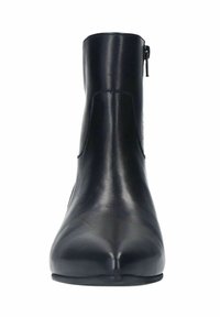 Schwarzer Knöchelstiefel aus glänzendem Leder, mit schlankem Design, spitzer Zehenform und einem seitlichen Reißverschluss für einfaches An- und Ausziehen. Insgesamt glatte Textur.