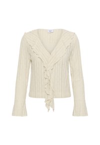 Cardigan lung cu mâneci lungi, de culoare crem, cu guler în V cu volane și detalii cu volane în față, croială slim și manșete evazate.