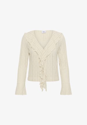 Krēmkrāsas garām piedurknēm ribota džemperis ar viļņotu V-veida kakla apdari un priekšējo viļņoto detaļu, šaurs piegriezums un uzpūstas piedurknes.