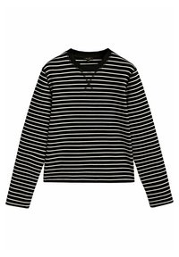 Maglietta a maniche lunghe a righe bianche e nere con scollatura a V, caratterizzata da un design cropped e bordi in costina sui polsini e sul collo.
