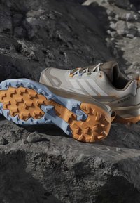 Chaussures de randonnée Adidas Terrex gris clair et beige avec semelles robustes orange et bleue reposant sur un terrain rocheux.