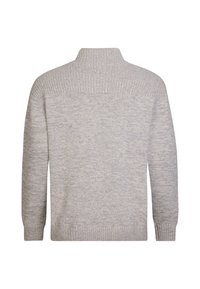 Světle šedý pletený svetr s vysokým límcem, žebrovanými manžetami a texturovaným vzorem. Bez viditelných štítků nebo log. Jednoduchý a uvolněný design.