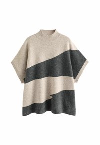 Knit sweater with a high ribbed neck, featuring beige and dark gray horizontal stripes. Loose fit with short sleeves and ribbed hem.