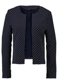 Veste bleu marine à pois blancs, design ouvert sur le devant, manches longues et texture de tissu lisse. Style décontracté idéal pour superposer.