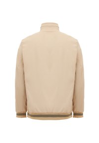 Beige bomberjack met een staande kraag, ribgebreide manchetten en zoom. Gladde textuur, minimalistisch ontwerp, geen zichtbare logo's of patronen.