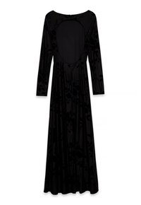Garšīga melna samta kleita ar ziedu rakstu, atvērta mugura, garas piedurknes un plūstoša siluets.