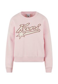 Felpa rosa con scollatura a girocollo. Presenta un logo "Kani" testurizzato e una grafica a stella in un colore a contrasto. Polsini e orlo a coste.