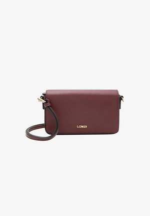 Maroon leather crossbody bag with gold hardware, rectangular shape, detachable strap, and embossed logo on the front. Smooth texture.