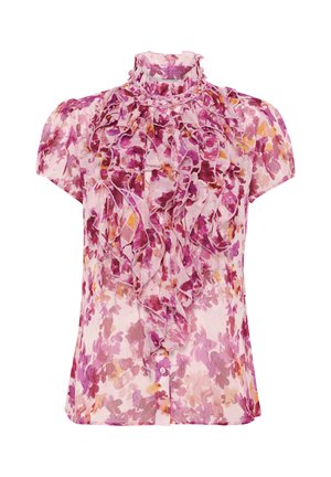 Blusa con motivo floreale, colletto alto e arricciato, maniche corte, e una combinazione di colori rosa, viola e arancione. Tessuto leggero e trasparente.