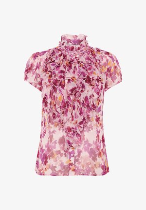 Gėlių rašto bluzonė su aukštu raukšlėtu apykakle, trumpomis rankovėmis ir rožine, purpurine bei oranžine spalvų schema. Lengvas, permatomas audinys.