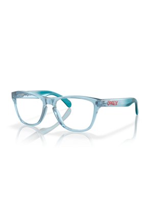 Lunettes transparentes de couleur bleu clair avec une monture légèrement angulaire, présentant des accents teal sur les branches et un détail de logo subtil.