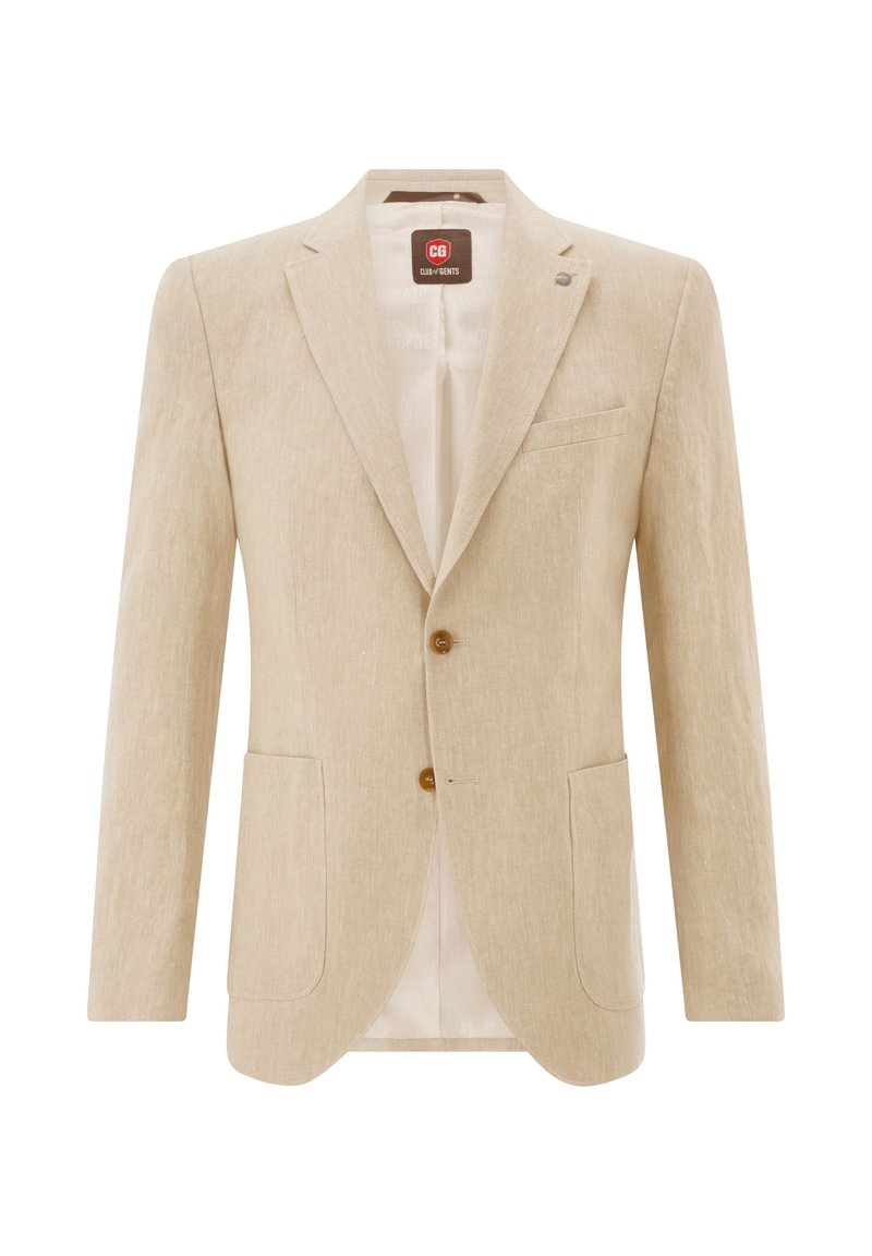 Beige linen blazer with two front pockets, single-button closure, notched lapels, and a subtle textured finish. Interior is unlined.