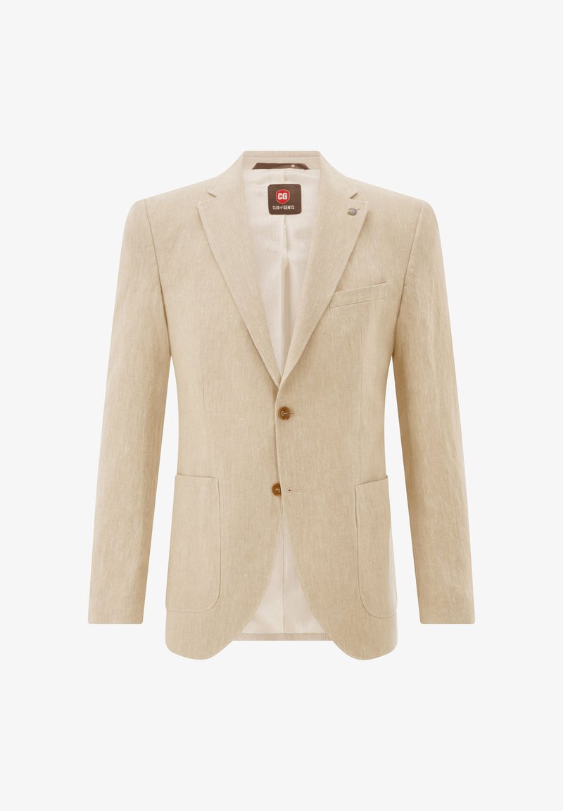 Beige linen blazer with two front pockets, single-button closure, notched lapels, and a subtle textured finish. Interior is unlined.