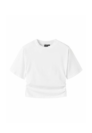 T-shirt court blanc uni à manches courtes avec col rond et une petite étiquette de marque noire à l'intérieur du col.