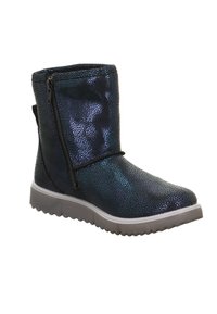 Glänzende blaue und schwarze Stiefeletten mit strukturiertem Obermaterial, ausgestattet mit einem seitlichen Reißverschluss und einer weißen Gummisohle. Mit kleinen reflektierenden Punkten dekoriert.