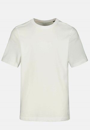 Weißes T-Shirt mit kurzen Ärmeln aus Baumwolle. Mit rundem Ausschnitt und geradem Schnitt. Glatte Textur ohne sichtbare Muster oder Akzente.