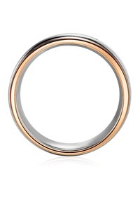 Two-tone ring featuring a sleek design with a polished silver outer band and a thin rose gold inner accent. Smooth, circular shape.