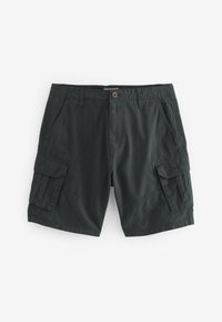 Dunkelgraue Cargo-Shorts aus Baumwolle mit zwei Seiten- und zwei Cargo-Taschen. Sie verfügen über einen Knopfverschluss und einen flachen Bund.