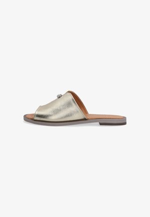 Gold metallic slide sandal with an open toe design, textured surface, and a flat brown sole. Features a decorative silver accent.