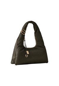 Soft dark green textured shoulder bag with gold buckle, zipper, and decorative tag accents.