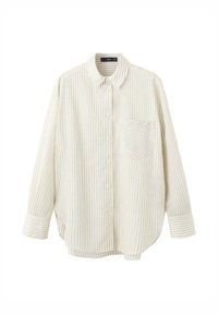 Biała koszula na guziki z cienkimi pastelowymi paskami, długimi rękawami, spiczastym kołnierzykiem oraz pojedynczą kieszenią na piersi z ukośnymi paskami.