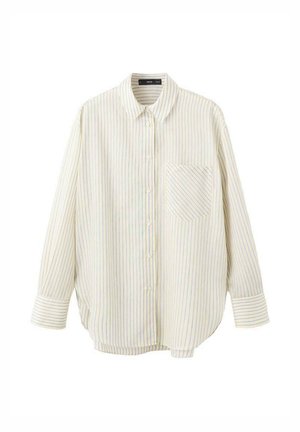 Cămașă albă cu nasturi, cu dungi subțiri în culori pastelate, mâneci lungi, guler ascuțit și un buzunar la piept cu dungi diagonale.