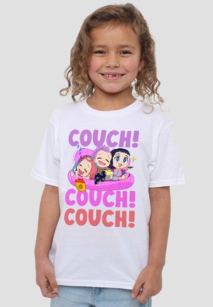White cotton T-shirt featuring colorful cartoon graphics of three characters on a pink couch with “COUCH! COUCH! COUCH!” text in bold letters.