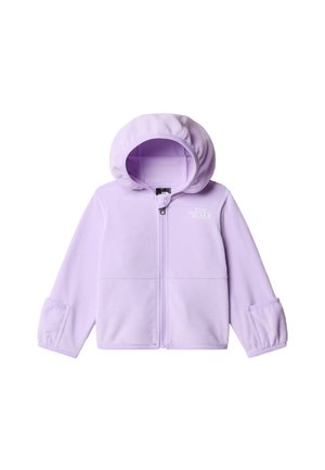 Violeta flīsa jaka ar kapuci, rāvējslēdzēja priekšpusi un elastīgiem aproču galiem. Uz krūtīm redzams zīmola logotips un mīksta tekstūra.