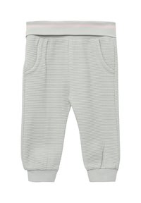 Grijze kinderbroeken van waffle-knit met een elastische tailleband met een roze streep, twee zijzakken en geribbelde boorden.