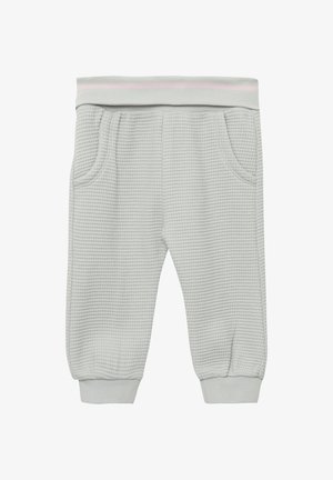 Gray waffle-knit children's pants with an elastic waistband featuring a pink stripe, two side pockets, and ribbed cuffs.