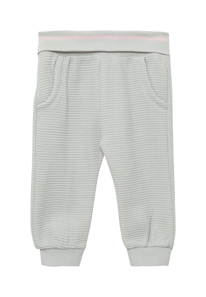 Grijze kinderbroeken van waffle-knit met een elastische tailleband met een roze streep, twee zijzakken en geribbelde boorden.
