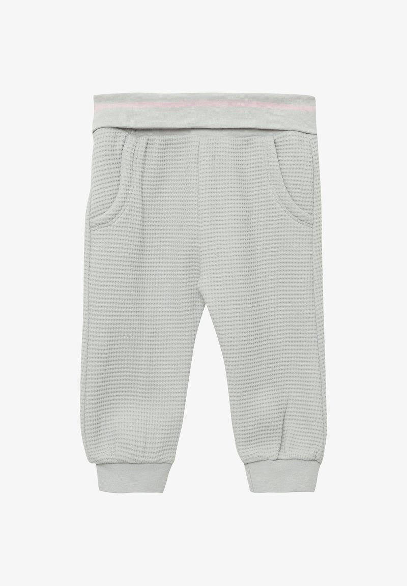 Gray waffle-knit children's pants with an elastic waistband featuring a pink stripe, two side pockets, and ribbed cuffs.