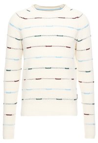 Maglione color crema con righe orizzontali verdi, blu, bordeaux e nere. Texture a coste, scollo rotondo e maniche lunghe.