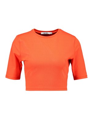 Short-sleeve, bright orange ribbed cropped shirt with round neckline and NA-KD brand label inside collar.
