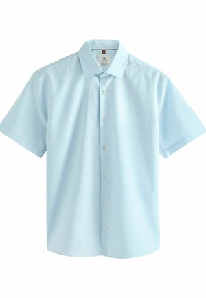 Hele sinine lühikeste varrukatega särk, mis on valmistatud siledast kangast, nööbitav eesmine osa, terav krae ja lihtne disain ilma mustriteta.