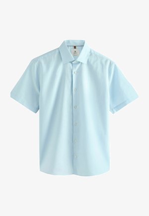 Világoskék, rövid ujjú ing sima anyagból, gombos elülső résszel, éles gallérral és minta nélküli egyszerű dizájnnal.