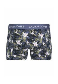 Boxers en coton avec un motif floral bleu marine mettant en vedette des fleurs blanches et des feuilles vertes. Ceinture élastique portant l'inscription "JACK & JONES". Texture de tissu douce.
