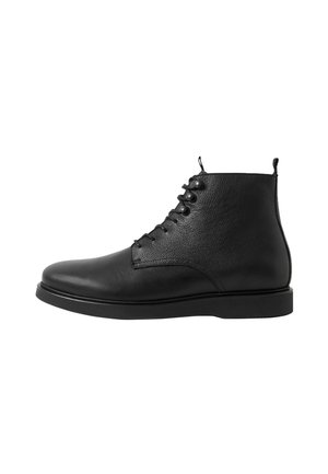 Black leather ankle boot with laces, smooth rounded toe, and pull tabs on tongue and heel, shown from the side on a white background.