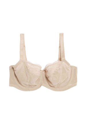 Beige kant onderwired bra met verstelbare bandjes en bloemige gaasdetails, ontworpen voor ondersteuning en een delicate uitstraling.