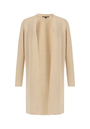 Cardigan beige aperto realizzato in tessuto testurizzato, con maniche lunghe e vestibilità rilassata, caratterizzato da una fine cucitura lungo i bordi.