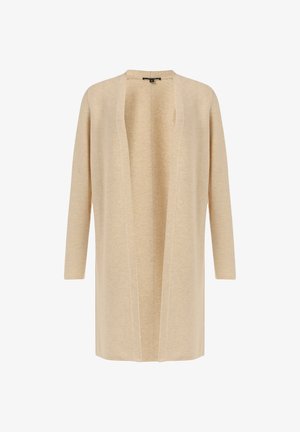 Beige Cardigan mit offenem Vorderteil aus strukturiertem Stoff, mit langen Ärmeln und entspanntem Schnitt, versehen mit feinen Nähten entlang der Kanten.