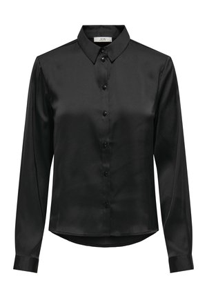 Schwarze Satinbluse mit langen Ärmeln, Knöpfen an der Vorderseite und spitzem Kragen.