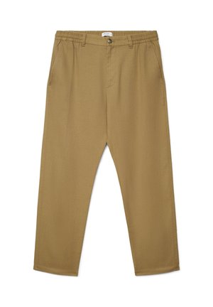 Beige Herren-Chinohosen mit Knopfverschluss, Gürtelschlaufen, Seitentaschen und geradem Bein.