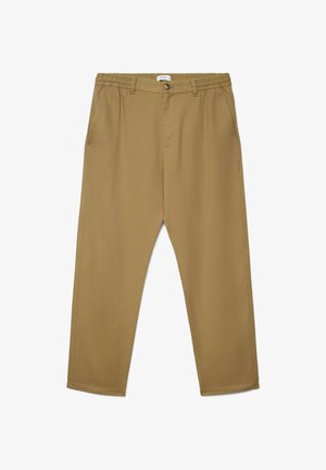 Beige Herren-Chinohosen mit Knopfverschluss, Gürtelschlaufen, Seitentaschen und geradem Bein.