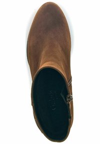 Botte de cheville en daim marron avec un bout arrondi, détail de fermeture éclair sur le côté et doublure intérieure noire. Texture lisse avec un design minimaliste.