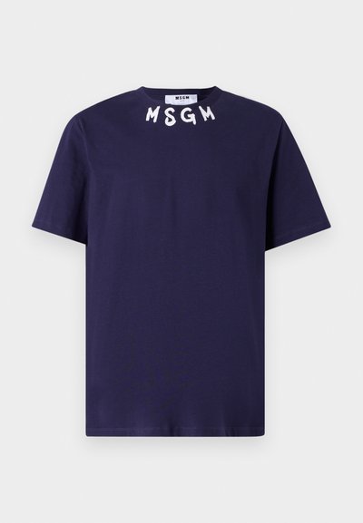 Navy blue cotton t-shirt with short sleeves, featuring white brand logo "MSGN" across the neckline. Classic crew neck design.