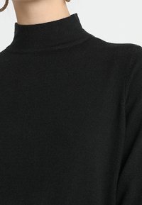 Pull col roulé en maille noire avec une coupe ajustée et une texture lisse, doté d'un col haut et d'épaules sans coutures.